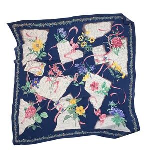 Laura Ashley Silk Scarf Navy Blue Floral Script Ribbon Square Scarf 33" square
